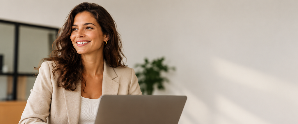 Executiva sorrindo com notebook em ambiente moderno